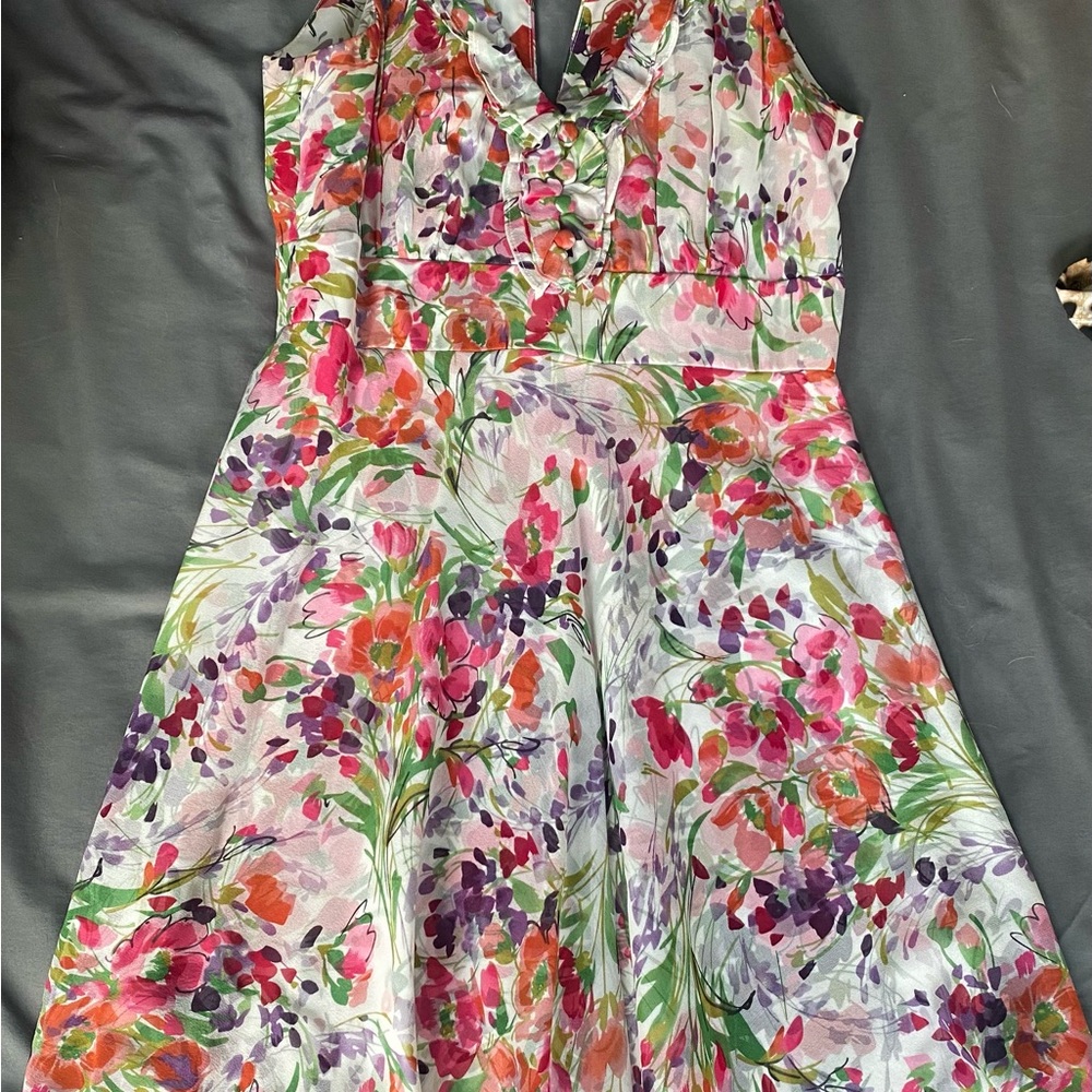 Donna Ricco Floral Ruffled V-Neck Midi Dress in Pink, Purple & Green